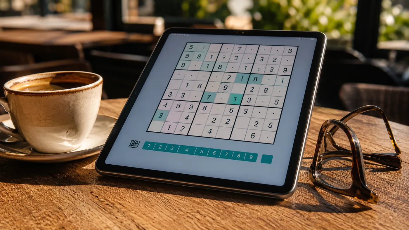 カフェのテーブルでナンプレの盤面を表示したタブレット、コーヒーと眼鏡